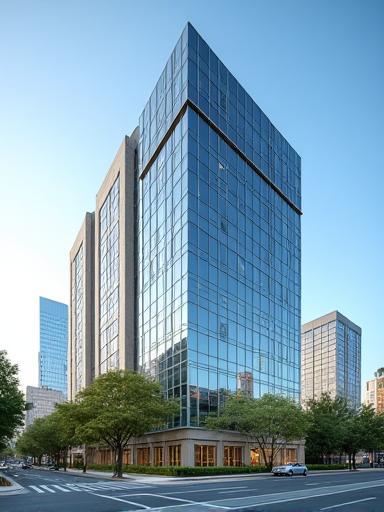 Los Angeles corporate office exterior with cityscape in background.