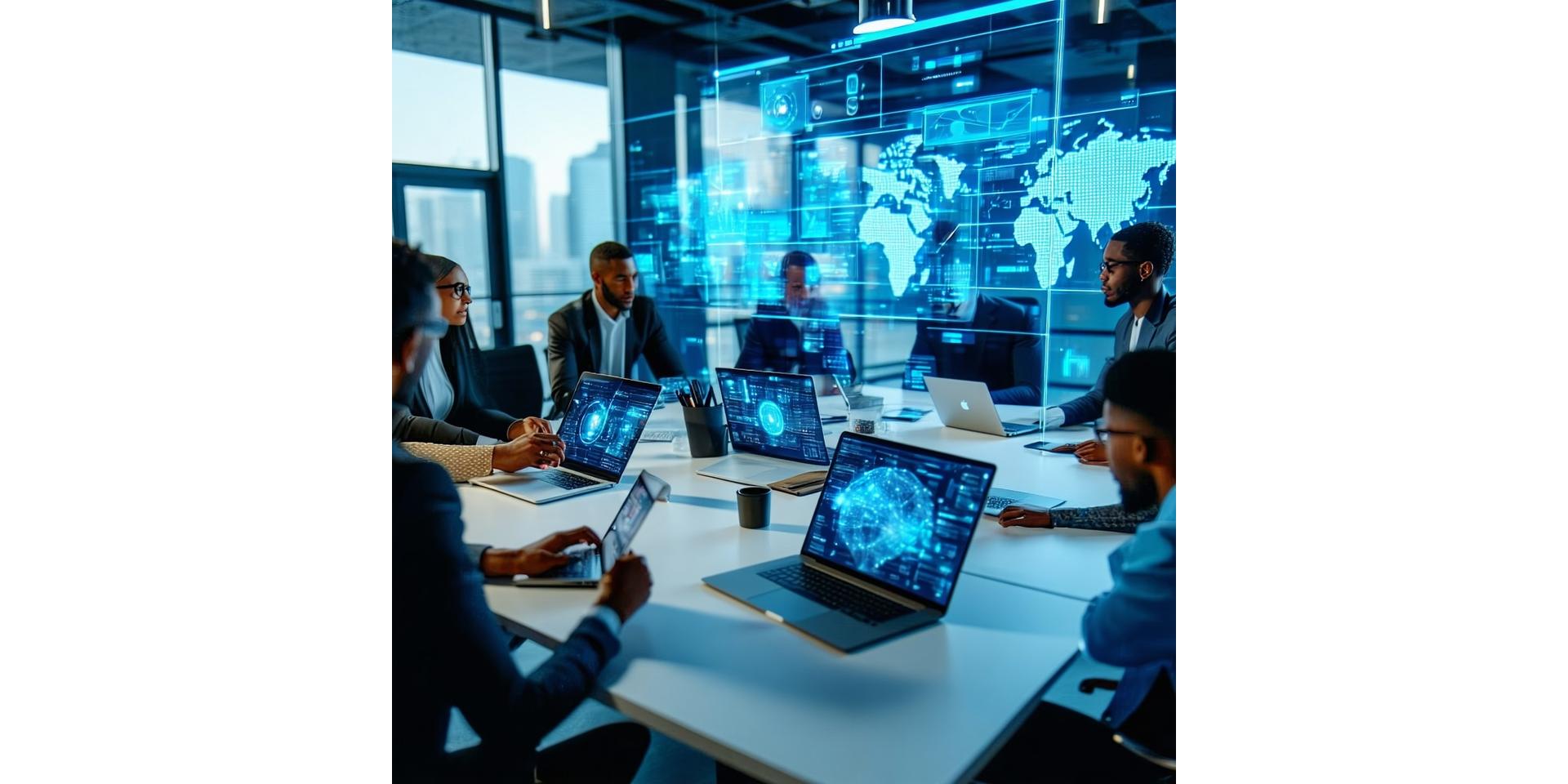 Modern workspace with a diverse executive team collaborating over laptops and data dashboards.