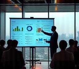 Leader presenting analytics dashboard to team in boardroom.