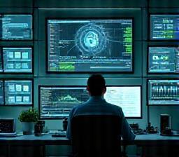 Technical specialist monitoring secure data storage on monitors.