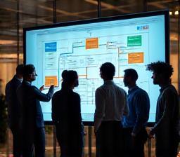 Team collaborating around a workflow diagram on a large display.